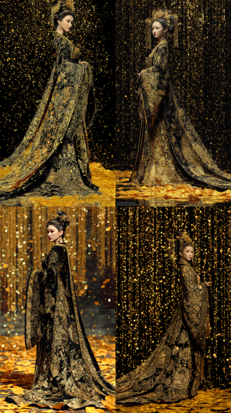 真人，动态捕捉，大唐武则天（古典大唐第一美女），衣服黑金丝绸帝皇服，金线刺绣，隆重华丽，裙尾拖曳着长长的威严与美丽，古风数字艺术。超清画质。闪烁，光晕效果。武则天站立美人姿态，各种姿态，各种角度。头部细节超细腻，以立体金色荧光粒子为背景（黑金色丝绸悬挂，金色丝层叠娟铺地）