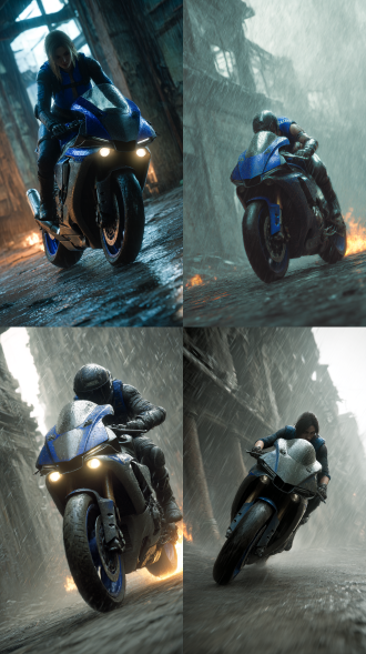 吉尔骑雅马哈r1杀穿生化废土 当雅马哈r1的引擎轰鸣声撞上浣熊市暴雨 这是 al让经典角色与机车文化的暴力美学融合 技术彩蛋： 机车材质革命：雅马哈r1的金属车架增加哑光 蚀刻纹理，排气管火花带真实金属氧化层细节 v 角色升维暴击：吉尔蓝背心设为高密度纤维面料，眼神光用ue5 lumen 渲染出，暴雨中穿透废墟的锐利感 v 场景情绪重构：破败建筑裂缝用ai生成动态侵蚀算法，火焰粒子流模拟真实火药燃烧轨迹，动态模糊 ，8k超清，壁纸。