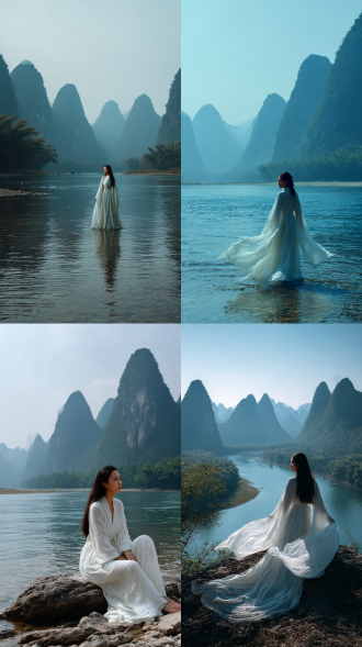 碧蓝的水，翠绿的山，桂林山水之间甲天下，绝世美女，穿行于山水之间，清冷，唯美，惊艳，极简精致细节，白衣如纱，从天空飞过，仙气飘飘，俯看桂林山水
