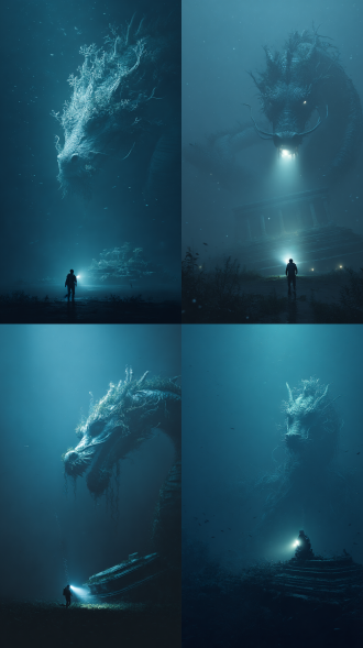 一片神秘的超现实宇宙场景：在深海中幽邃的黑暗的环境下，出现了一条巨大缠绕的龙，仿佛是被大水冲倒。雕像头部被水草和海底生物寄生，显得古老且富有自然气息。背景中是一片巨大的文明遗迹静静的躺在海底。前景中，一个小小的潜水员背对着观众，悬浮于遗迹前似乎在凝望这条秘的龙，头顶的灯光刚好在漆黑的环境下照亮雕像，整体色调柔和，光影交错，给人一种宁静而超凡脱俗的感觉。画面呈现复古、胶片的质感。巨物恐惧症，大场面，有虚无主义、克鲁苏意向风格。