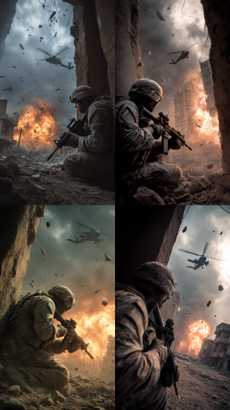 破旧的城市里，一个美国大兵拿着突击步枪，躲在墙角，拐角远处剧烈爆炸，火光冲天，硝烟弥漫，碎片乱飞，天空阴暗，乌云密布，空中一架阿帕奇直升机中弹冒烟，美国大兵紧贴着破败不堪的墙壁，握住突击步枪，电影质感风格，有现场感