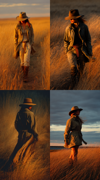 **《风与光的独白》** 她踩着枯草的断裂声走来，卡其色风衣下摆在暮色中翻卷。宽檐礼帽的阴影吞没了上半张脸，只露出被夕阳吻过的下颌线——那里有一道倔强的弧度，像未写完的句号。 广角镜头将天地压成一张泛黄的纸：远方，熔金般的夕照正从云层裂缝间倾泻，将草浪染出橙红、赭石、焦褐的层层渐变；近处，她的剪影是唯一垂直的刻度，风衣腰带在身后飘成一道焦痕。 当一阵疾风突然掀开衣襟，月光趁机描摹出她身体的轮廓。靴跟沾着的泥块，而她的影子被拉长。 突然停步时，帽檐微微抬起，逆光中终于现出一线眸光。那里面映着的不是草原，而是燃烧到最后一秒的落日。真人写实超高清电影质感