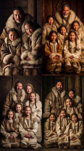 photography theme: ancient eskimo family portrait scene setting: set in a meticulously - replicated ancient eskimo - style hall, following historical & archaeological details. main characters: - patriarch & wife: at the top, the young patriarch in archaeologically - verified fur clothes, accessorized for status, looks resolute. his wife, in delicately - sewn animal - skin dress with bone/ivory trims, is gentle. - daughters: six 18 - 20 - year - old eskimo girls, the patriarch's daughters, kneel on both sides. with charming, blushing faces, they have graceful figures in fine - detailed clothes, showing respect. visual effects: use 8k uhd to catch expressions, clothing texture & lighting. colors match the ancient eskimo scene. creates a solemn, warm, historical atmosphere. masterpiece,
