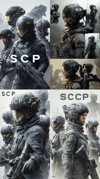 五人小队两名女性角色，身穿哑光未来战斗服，佩戴带有"scp"标志的复杂高科技头盔，表面布满电子元件和接口，手持先进单兵武器，全身多视角动态攻击战术姿势展现，16k 3d渲染呈现电影质感，哑光材质突显防护性能，未来女战士形象结合科技与力量感，背景采用战损都市风格，隐约有巨大怪物身影。
