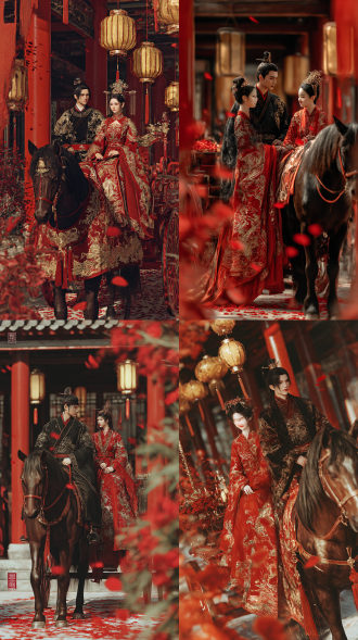 theme description: ancient style wedding scene, red silk covered the long street, xiao heng riding a tall horse dressed in black wedding clothes, daiyu sitting in a bridal sedan chair, golden lanterns hanging in the courtyard of vermilion lacquer pillars, two people holding hands in the hall. aesthetic words: meticulous heavy color style highlights the details of clothing embroidery, warm golden candlelight interweaves with the clear light of the cold moon, and dynamic fuzzy treatment of fluttering red silk and petals. professional words: super wide angle presents the panoramic view of the wedding honor guard, shallow depth of field focuses on the pearl step shake and the gold thread texture of the wedding dress, 8k rendering silk luster and metal reflection.