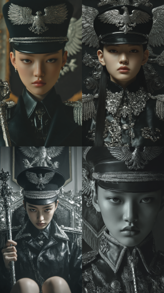 欧洲年轻女贵族，超近特写，东方面孔，极致美艳，凹凸有致，女王范，御姐范，目光如炬，坐在宫殿宝座之上，双手撑着权杖，军帽，银质白头鹰帽徽，银质肩章，黑色皮衣军袍，挂满军衔，仰视角度，威严傲慢冷硬。酷。强烈压迫感。杀伐果断。艺术感，大师级审美。渲染。大师级构图，大师级配色，大师级打光，背景威严肃静的宫殿，悬挂巨大的军旗，各种古典雕刻花纹。奢侈品时装设计，打造质感服装设计，明暗对比，究极细节，大师级光影，层次感，立体感，极致的光线，暗黑背景，大俯视图，强侧光，极端低角度仰视腿部视角，极端透视，倾斜视角，脸部光亮清晰。高对比度，50mm f/1.4 ，神秘唯美氛围，大雾天气，模糊背景，超高清32k，显示皮肤纹理和毛孔细节，大师级摄影艺术杰作，32k，大师杰作，梦核，居中显示占画面五分之三区域，细节刻画细腻，肌肤纹理清晰可见超高清显示，线条感纤细逼真，32k超高清画面，超写实，肌肤纹理清晰可见超高清显示，线条感十足，32k超高清画面，特写，视觉冲击，故事感，高级感，动态感，情感捕捉，真实皮肤质感，显示皮肤纹理细腻细节和毛孔丰富细节，大师杰作