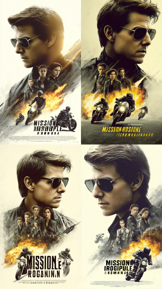 《碟中谍5》海报，聚焦汤姆·克鲁斯侧脸特写（戴经典墨镜、发丝纹理），其下方排列其他男女特工角色（不同姿态、服饰体现个性），融入动态元素：爆炸火光（明暗对比、火焰纹理）、摩托特技（人物骑行压弯开枪姿势、机车细节），整体色调用复古胶片感的暖黄与灰白交织，倾斜构图，文字排版突出“mission: impossible rogue nation” ，营造紧张刺激的特工冒险氛围