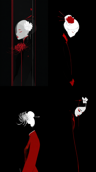 插画，极简主义，超现实主义，国风，高级，撞色，怪诞美学，中式美学，忧郁，氛围感，背景是纯黑色，半身特写，人像是红色，带着白色的簪花，白色混融着黑色，白色是黑暗中诞生的光，光感，氛围感