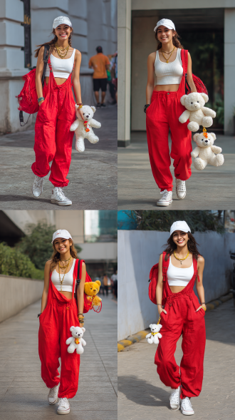 她穿着一件简约的白色露脐背心，搭配宽松的红色工装裤，这种搭配不仅凸显了她的身材，还展现了一种随性而不失时尚的态度。脚上的白色帆布鞋与整体造型相得益彰，增添了一份休闲感。她肩上的红色背包和背包上的白色小熊挂件，不仅实用，还为整体造型增添了一抹童趣和个性。她的金色项链和手链为简约的装扮增添了一丝精致感，而头上的白色棒球帽则为整体造型增添了运动元素。整体来看，她的装扮既有街头的随性，又不失女性的柔美，是一种非常具有个性和时尚感的搭配。而且两手插口袋，面带微笑正面走来
