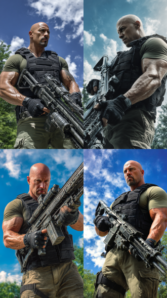 战斗形象，光头，健壮肌肉，黑色战术背心，军绿色短袖，黑色手套，大型机枪，蓝天白云背景，树木，硬汉风格，写实，动作片场景，力量感，户外