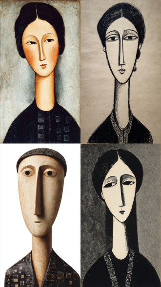 人物，莫迪里阿尼风格，拉长的鹅蛋脸，细长的鼻梁，拉长轮廓，极简廓形，杏仁眼，空洞的瞳孔，柔美的线条，肩部圆润，腰部纤细，几何化衣服纹样，装饰性留白，现代极简主义，黑色纸张，白色背景，美术馆藏品质