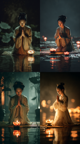 一个古代绝美女子，跪坐在竹笺上，将莲花灯完全放在水中，手做许愿的样子，双眼闭着，柔焦，唯美，意境，留白，背景虚化，电影级镜头，大师级打光，大师杰作。