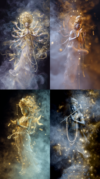 在弥漫着氤氲水汽与金色雾气交融的太虚之境，观世音菩萨仿若由光凝聚而成。她的璎珞配饰皆为闪烁的星辰串联，随着她的动作发出清脆悦耳、仿若天籁的声响。菩萨周围漂浮着各种奇异的灵物，有长着透明翅膀的瑞兽，还有散发着柔和光晕的符文竹简。这些灵物围绕菩萨翩翩起舞，在雾气中若隐若现，营造出极致的奇幻、梦幻与空灵之景。