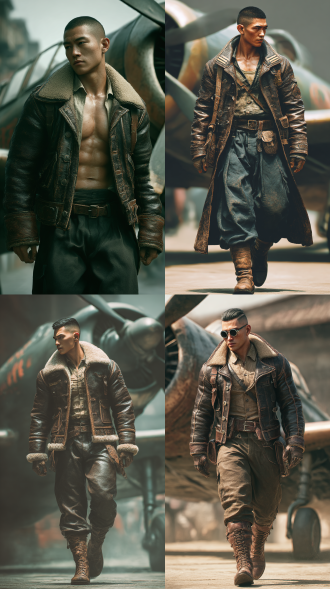 高清，close-up 真实写真，中国阳刚痞气的30岁机长穿皮质制服外套搭配衬衣，寸头，民国时代，走在街头，蒸汽朋克，高大威猛，身形矫健，大腿粗壮有力，高对比度，低饱和度，飞机在人物后面