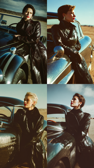 复古赛车场：短发女子穿漆皮风衣靠古董跑车，车身铬条倒影扭曲身形，油渍地面反光与口红呼应，风沙掠过金属耳骨夹