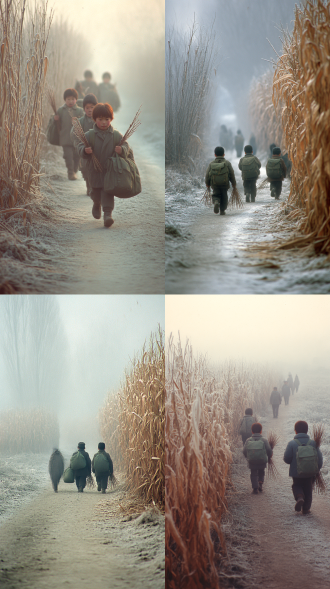 80年代冬天的早上，天还没亮，雾蒙蒙的乡间小路，路两边有干枯的玉米杆和霜冻的稻草，几个小孩穿着朴素挎着旧军绿单肩包，手里拿着小树枝，一蹦一跳地去学校晨读。