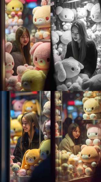 人像街拍，在深夜的繁華商業區，一位穿著時尚的女子在一間泡泡瑪特的門市店裡，女子正在挑選泡泡瑪特的大型布偶。店裡展示許多泡泡瑪特的大型布偶。女孩子長髮直髮，眼神好像每個都想買的歡喜表情。用80mm鏡頭在店外透過展示玻璃窗拍攝店內女子的愉悅表情。注意玻璃的反光效果，32k高畫質，大師級的構圖，寫實的照片