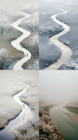 朦胧的蜿蜒河流通向远处，白茫茫的雾气，寂寥，幻觉，两岸开满白梅花，素素的梅花点点如细沙，成片成片，若隐若现的蚂蚁样极小的白衣古装飘逸人影在树下赏梅，胶片，意境，极简，色彩丰富，梦幻，胶片质感，炫彩，水彩油画，冬日，写意风格，全景，朦胧，白梅，蚂蚁样极小的白衣古装飘逸人影，树下赏梅，唯美，岁月静好，意境，写意，完美画质无瑕疵