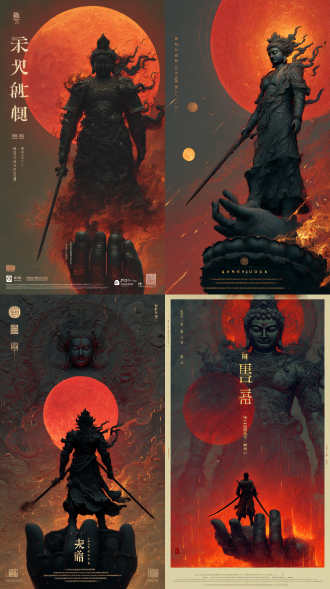 中国插画风格，一座巨大的如来忿怒金刚显相（透明能量体虚影）。佛手上站着一个锦衣华服的剑侠，一份忧伤，苍凉悲切，能体现出一种在等待前的落幕，萧杀，背后有一轮巨大的红日，油画光影，独特cg水墨渲染，虚幻引擎特效，夜幕下的，xgen生成12.8万根各向异性雨湿发丝，nanite构建7.6亿青铜雷纹动态节点，32位pbr材质呈现战袍纤维的随机光谱响应，光线追踪捕捉剑锋0.003毫米级《赤霄铭》光子隧穿轨迹，测光系统记录雨滴碰撞激发的《金刚经》暗物质全息金光。暴雨夜空中量子化。写实cg风格8k画质，史诗感基调透出深红色与金色火焰暖调光线超高清，像素完美，超精细细节，极致细节，高级摄影,，超现实，超清晰，120帧壁纸，高分辨率，增强真实感细节，增强参数，采用专业布光胶片摄影，丰富的细节，丰富的色彩，纳米真丝与陨铁锻造复合面料，逆光烟雾勾勒24色阶渐变光晕；专业词：32k生宣纸纹打底，亚克力分层渲染发丝透明度，8层景深构建三维水墨空间