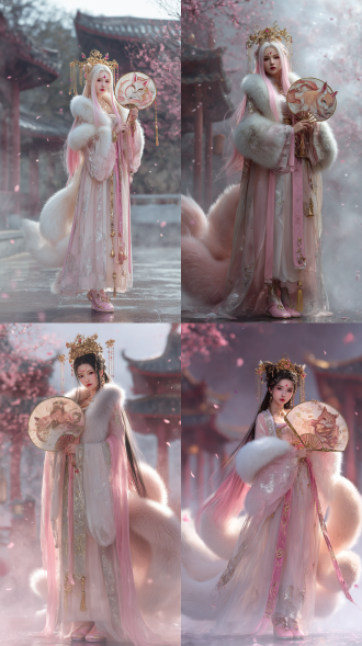 古风玄幻风格，画面呈现二十八星宿之心月狐这一女性神话人物全身像，神情清冷，身姿优雅。她有着粉白渐变的长发，头戴精致华丽、缀有宝石与狐毛装饰的金色发冠，额间有狐形金色印记。身着淡粉色与白色相间的飘逸古装，上有银色狐纹刺绣与金色丝线点缀，肩部覆有薄纱与狐毛披肩，袖口为蓬松的白色绒毛，腰间系着粉色丝带并挂有金色铃铛配饰，脚蹬粉色绣花鞋。手持一把绘有狐影图案的团扇，半遮面容。背景是云雾缭绕、有粉色桃花飘落的中式仙境，远处有亭台楼阁若隐若现，营造出梦幻神秘氛围。写实摄影风格、奇幻艺术美学、电影灯光、中国怪诞美学、浪漫风景、细线条、虚幻引擎渲染、空灵渲染、仙境背景、自然光，8k，精致的细节，美丽的灯光效果，梦幻引擎。