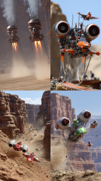 星球大战峡谷飞梭大赛，紧张刺激疯狂，两个夸张超大的炫酷发动机在前面俩侧飞行，两个发动机上伸出链条拽着后面的飞梭贴地飞行，飞梭赛手们一边飞速狂澜，一边用各种武器攻击别的飞梭赛手，整个画面火爆刺激，狂暴异常，峡谷赛道上到处都是爆炸的火光和破裂掀飞的飞梭和驾驶员