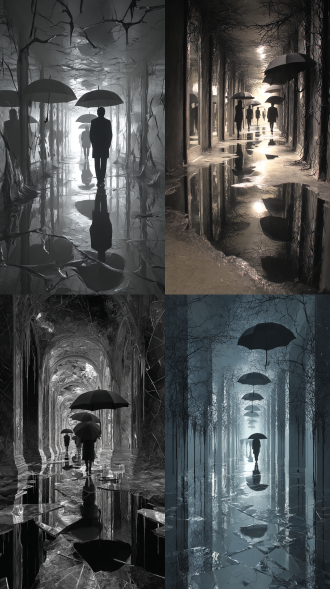 破碎镜廊里倒影反向撑伞行走，实体逐渐石化，镜面裂纹延伸为黑色荆棘，汞银色液态金属滴落