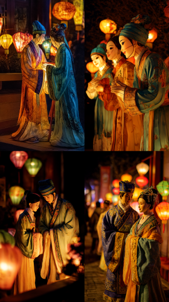 在热闹非凡的元宵节夜晚，身着精致清朝服饰的古装人物，脸上洋溢着兴致勃勃的神情，正全神贯注地观赏着五彩斑斓、造型各异的花灯，周围花灯闪烁，光影交织，仿佛整个世界都沉浸在这欢乐的节日氛围中，人物的身姿微微摇曳，似在与这热闹的场景共舞