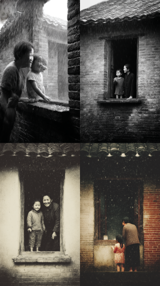 80年代，中国农村土坯墙黑瓦，雨天，一位奶奶带着孙女站在旧窗前笑着看雨，雨水滴落在窗沿上，女孩伸手去接雨。怀旧风格，电影颗粒质感