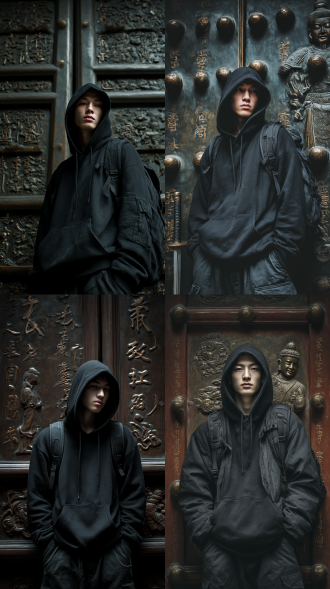 清冷青年，近距离，巨大青铜门，暗调风格，盗墓笔记，戴帽黑色连帽衣，背着双肩包，盗墓，中式，洞穴，工装裤，马丁靴，黑金古刀，高瘦，冷色调，兵马俑，灯火。图片风格为写真