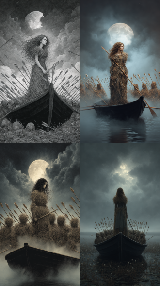 披散凌乱长发的美女，草人装扮，站在乌篷船头，身边排列着十几个草人，乌云遮月，水雾弥漫，无数箭矢飞来