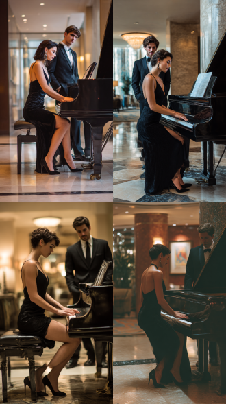 一个穿着黑色晚礼服，黑色高跟鞋的美女在弹酒店大堂的钢琴，她的男朋友穿着黑色的西装在旁边站着欣赏