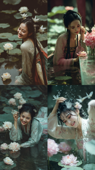 古风美人，倚坐琉璃荷塘，指尖浸水时。笑挽湿发溅起水珠，空中竟凝成雀鸟，衔走她鬓边半凋的芍药。 远景镜头，广角运镜