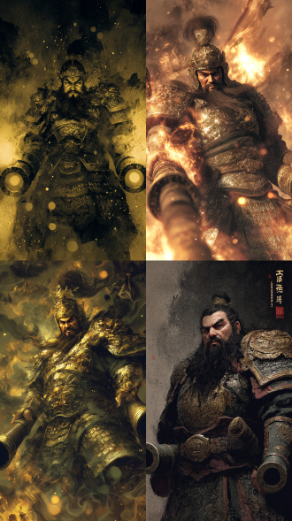中式暗黑幻想，身材魁梧的将军身披九吞九扎玄金明光山文甲重铠，表情凶狠，面部细节精细，身旁两门大炮齐射，火焰炸裂，泼墨质感的火焰特效充斥画面，暗且浑浊，光线暗、能见度低，有噪点暗角，画面暗黑风格，背景为水墨厚涂质感，人物增加真实感，画面充满泼墨特效，烈风特效环绕人物，水墨质感，画面昏暗，镜头光晕明显，全景，大师级作品。