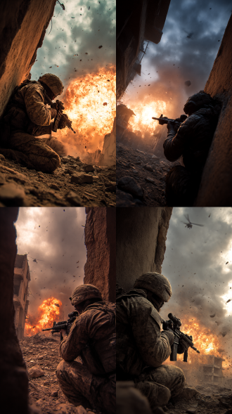 破旧的城市里，一个美国大兵拿着突击步枪，躲在墙角，拐角远处剧烈爆炸，火光冲天，硝烟弥漫，碎片乱飞，天空阴暗，乌云密布，空中一架阿帕奇直升机中弹冒烟，美国大兵紧贴着破败不堪的墙壁，握住突击步枪，电影质感风格，有现场感