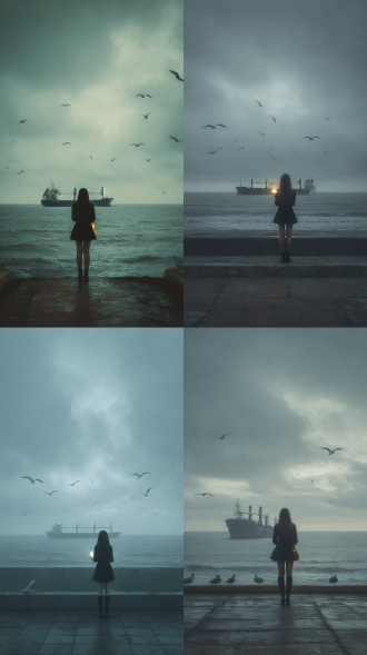 阴暗色调的海边场景，乌云密布的天空，海面有一艘大型货轮，几只海鸥在空中飞翔，一位身着黑色短裙、长发的女性背对镜头，手持发光物件，站在海岸平台上，整体氛围孤寂、清冷，具有超现实的艺术风格 。
