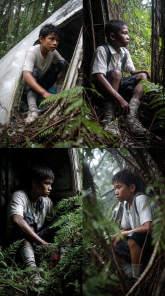 热带雨林的暴雨刚歇，13岁少年从迫降客机的残骸窗口探出半身。白衬衫被树枝扯出数道裂口，黑色短裤沾满泥浆，白袜早已被荆棘刮得灰黑。他咬着牙单手撑住窗框，右腿卡在扭曲的金属框架间，白色帆布鞋鞋尖蹭着潮湿的蕨类植物。当视线扫过远处断裂的机翼与弥漫的雾气，少年深吸口气，抹了把脸上混着雨水，攥紧从机舱顺来的急救包，踉跄着踏入未知的雨林深处。真实风格