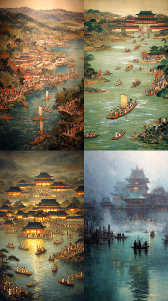 大秦，阿房宫，绵延不断，气势磅礴，灯火辉煌，大师手笔，震撼人心，颜色惊人， 湖面微波粼粼，人物活动，小船缓慢划动，宣雨汇沉香墓地