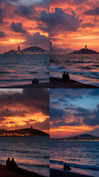 黄昏时分，红色与橙色调渐变天空，天空中分布形态各异的厚重云层，海面波光粼粼， ，远处岛屿轮廓清晰，岛上有建筑物和高塔，岛屿周围有城市灯光点缀 ，近景处两个人物剪影坐在海边，呈现闲适姿态 。