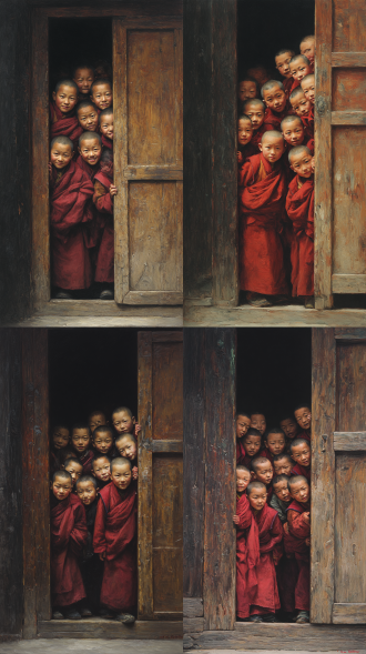 一群身着传统藏族僧袍的孩子，挤在木门处，神态各异，有笑、有好奇张望，氛围活泼。传递出一种充满生活气息与文化底蕴的氛围，传统服饰与生动神态结合，凸显特定群体的日常片段，写实油画风格暗黑，超清画质32k
