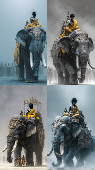 一尊j8k超清相貌刻画细腻绝美盛世容颜黑卷发年轻佛陀身穿豪华佛教黄衣复杂服装搭配坐在一只体型巨大的猛犸象身上，佛光普照，大象装饰着精美珠宝璎珞，大象四周围绕着无量无边欢呼雀跃的古印度百姓，面向镜头行走，猛犸象体型巨大在行走，背景是一片沙漠背景大雾弥漫，灰暗，灰色调，废土风格，低饱和度，低仰拍镜头，近距离特写镜头，佗寂风格，东方美学，青橙色调，大师杰作，长焦摄影，超清写实摄影，超清8k，极简风格，超高细节大象巨物恐惧感，大师作品，杰出制作，高清运动拍摄。真实！
