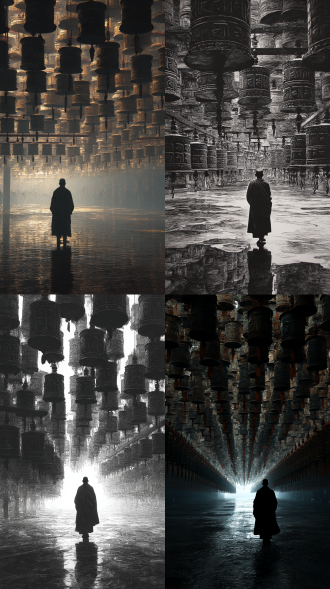 一个僧人背影，地上有水，无窮无盡的经轮掛於上方，密密麻麻，重複，奇幻空间，创新，虚实，超现实，细致逼真，暗黑感觉，大師作品