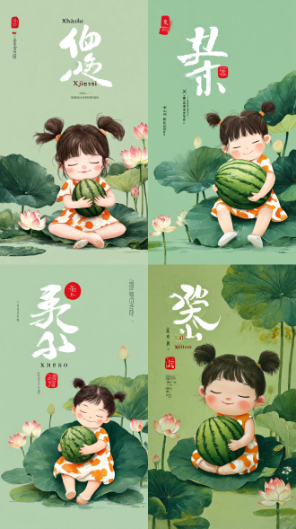 一幅插画，主题为小暑节气，插画充满了夏日的清凉气息。画面上方中间位置，用白色艺术字体写着 “小暑” ，旁边有红色印章样式的 “节气” 二字，点明主题。画面聚焦于一个穿着橙色带白色花纹连衣裙、梳着双马尾的小女孩。她惬意地闭着双眼，脸上挂着微笑，双手抱着西瓜坐在荷叶上，头戴的大荷叶更是增添了俏皮感。四周环绕着荷花和荷叶，与小女孩相得益彰，构成了一幅自然和谐的画面。浅绿色的背景进一步强化了夏日的清凉感觉，让观者仿佛置身于一个宁静的荷塘边。背景为浅绿色。