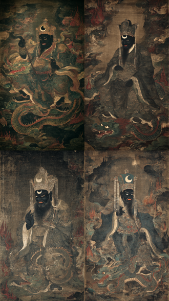 古风视觉风格，画面中五殿阎罗黑面脸，额头带着月牙包，展现出威武霸气且善良的神态。头戴明朝相王帽，帽上的珠串等装饰精美细致。身着滚蛟袍，蛟龙在袍子上盘旋，活灵活现。背景以阴曹地府的阴森场景为衬托，如灰暗的天空、隐隐约约的阴火等，阎罗王在画面中占据主要位置，构图上突出其高大的身形，整体色调偏冷暗黑，营造出一种神秘庄重的氛围。