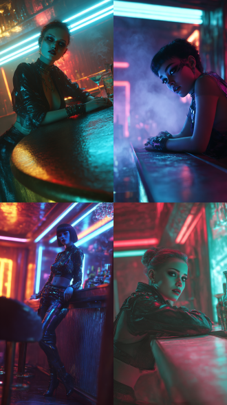 3d 渲染，赛博朋克风格，欧美女孩的面部特征，倚靠在吧台的夜总会舞者，霓虹灯闪烁，未来主义装饰，金属质感，冷色调与荧光色的对比，华丽妆容，皮革和发光面料制成的服装，梦幻般的眼睛，动态光影，广角镜头，环境光遮蔽，高细节纹理，虚拟现实氛围，夜总会烟雾，科技感与颓废美学的结合