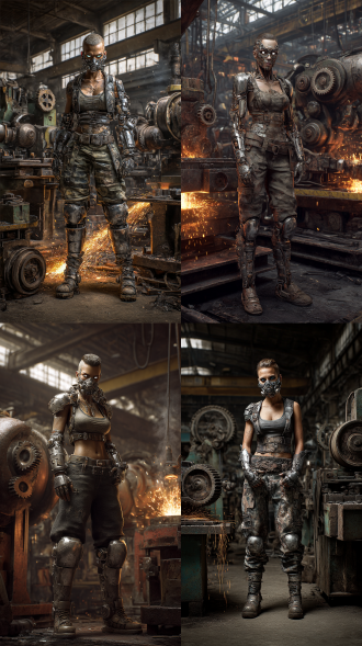 人物设定为30岁欧裔女郎，机械工业风格 ：她身姿丰满匀称，身上穿着一套由金属和机械部件拼接而成的工业风服装，手臂和腿部都装有金属护甲，护甲表面有着磨损的痕迹和油渍。面容刚毅，皮肤呈古铜色，脸上带着机械工业风格的金属面具，面具上有着复杂的齿轮和管道装饰。头发剃得很短，显得干练而利落。眼睛透过面具的缝隙，闪烁着冷冽而坚毅的光芒。站在一个充满工业机械的工厂车间里，周围是各种大型的机械装置和飞溅的火花，散发着强烈的机械工业气息。