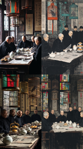几个身着黑色长袍的元老在具有黑帮风格的老式酒楼包间里喝茶，面前报纸上报道着讨论最近活动在帮会，包间内有彩色玻璃满洲窗投下光影，竹编鸟笼吊灯悬挂，厚白瓷茶壶茶杯摆在桌上，有传统广式点心，墙上挂着老黄历和褪色字画，东英西服小弟围着元老整齐站在一排，黑帮风格场景，写实风格，中景，紧张、凝重、暗藏杀机，色彩偏暗、质感粗糙