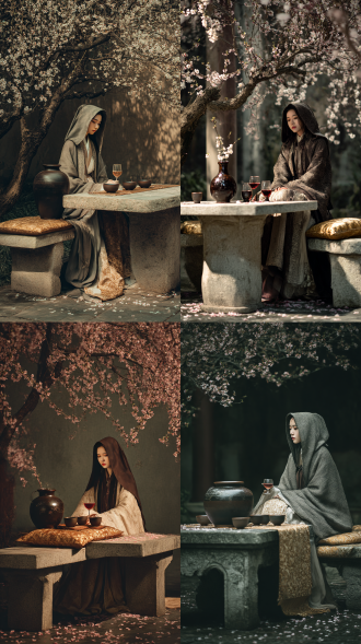 女子身穿战国袍连帽斗篷，坐在梅花树下石凳上，是登上金色织金软垫，桌子暗色陶瓷酒壶酒杯，女子喝酒，中式美学落花纷纷，石桌子上落下几朵梅花电影质感写实意境感十足唯美清幽孤寂