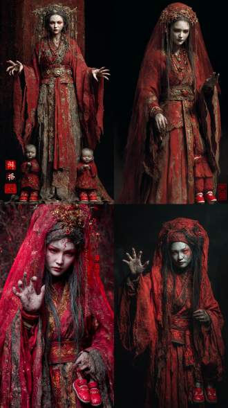 上古中国，一位美丽的阴森恐怖的古装鬼新娘，身着破旧的红色嫁衣，肮脏凌乱的妆发，武动着恐怖的双手产生魔法特效，披肩，腰带 身边跟着两个穿着肚兜和红色绣花鞋的鬼婴，暗黑史诗奇幻，鬼宅背景下魔幻房屋群，发光药草，靛蓝与银灰色系，神秘东方元素，皮肤地衣纹理特效，魔幻色彩，恐怖美学，动态美学，极高像素，极低像素，胶片颗粒质感，高对比度，8k超高清画质，胶片质感，虚幻引擎，水墨渲染，留白诡异文字，红印章