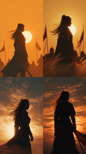 古风，女将军站在烈烈风中，问天下谁是英雄，夕阳，战场，侧面剪影，长发，飘逸，4k高清，电影感，巾帼不让须眉，谁说女子不如男，豪气，精致画面，细节，故事感