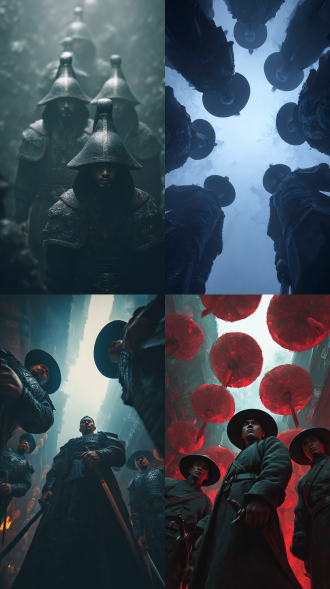 帅气的中国地府阴兵，神秘，史诗，阴森，奇幻且充满戏剧性的氛围，仰视视角。